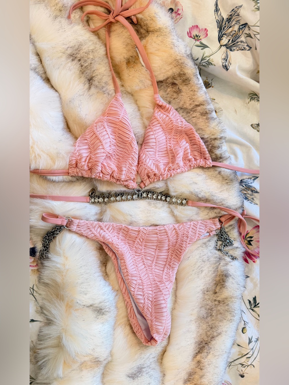 Pink Textured Triangle Bikini Set with Jewel Chain